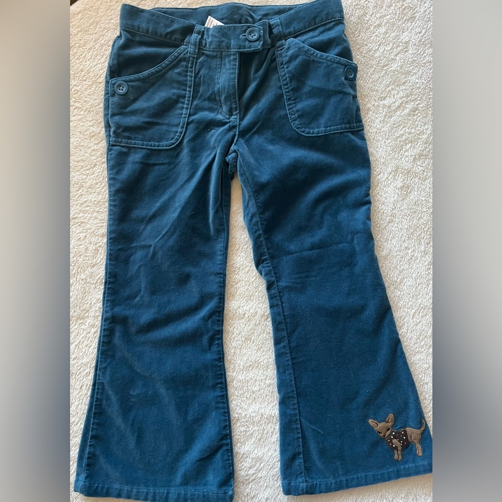 Gymboree girls blue velvet pants with Chihuahua on left leg